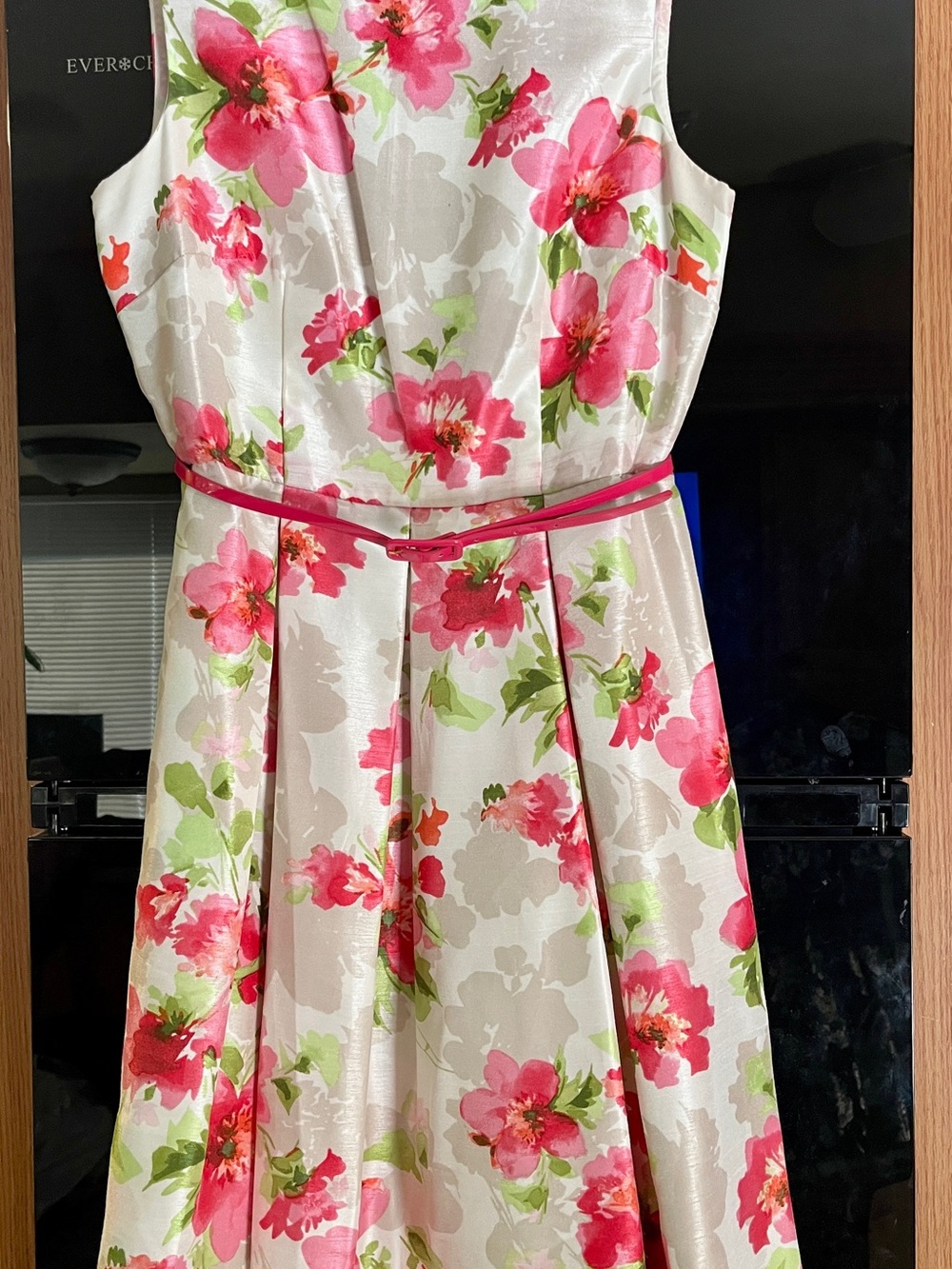R&K White Dress with Pink Floral Print and Pink Belt